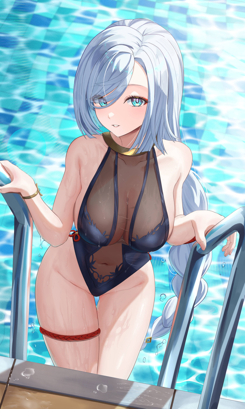 absurdres alternate_costume black_one-piece_swimsuit blue_eyes breasts cleavage collarbone commentary eyes_visible_through_hair female genshin_impact grey_hair hair_over_one_eye highleg highleg_one-piece_swimsuit highres ituka_kanau large_breasts long_hair low-braided_long_hair low-tied_long_hair navel one-piece_swimsuit parted_lips pool see-through see-through_cleavage shenhe_(genshin_impact) solo stomach swimsuit thigh_strap very_long_hair wet white_hair