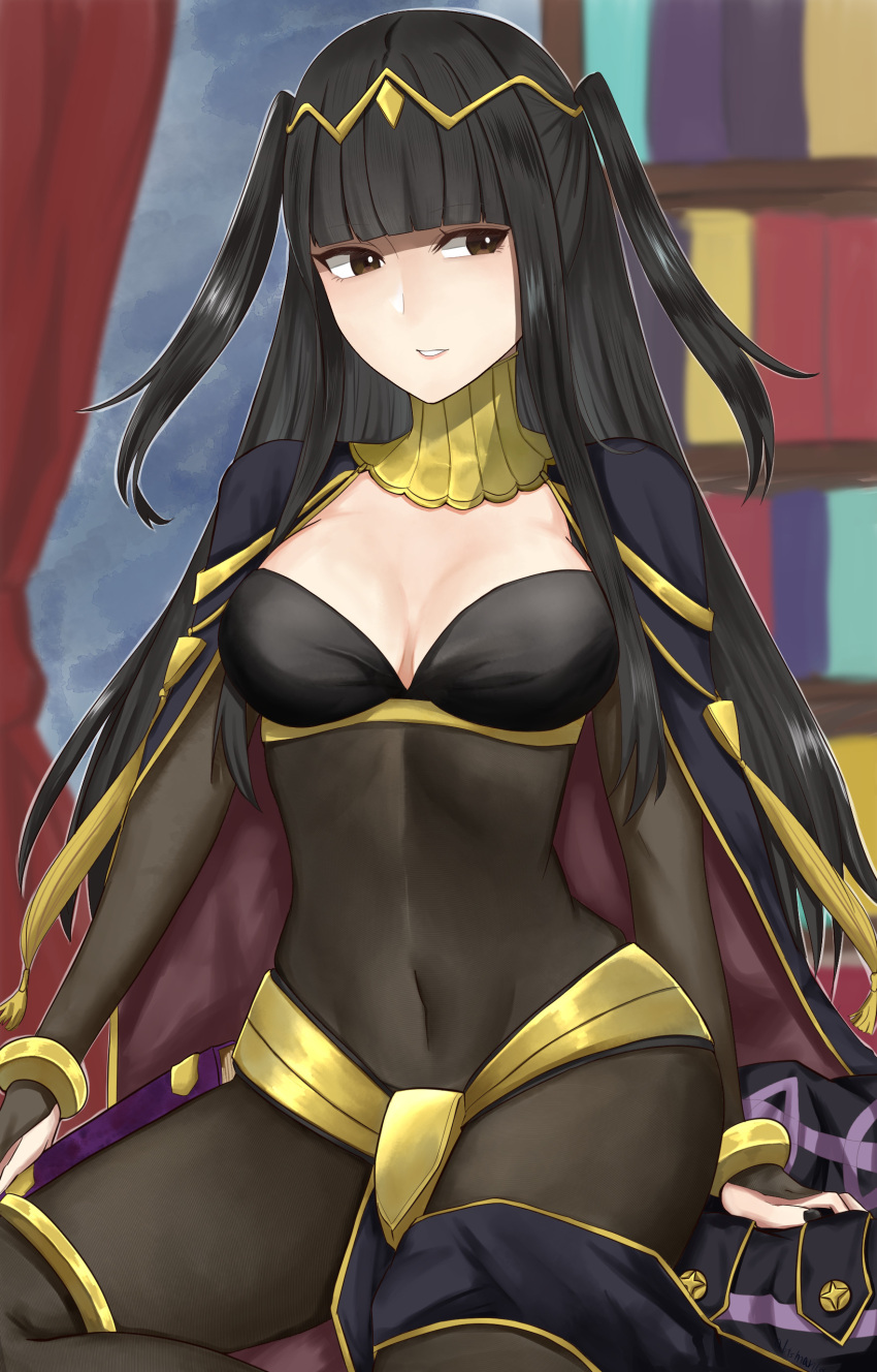 absurdres black_bridal_gauntlets black_hair blunt_bangs blush bodystocking breasts bridal_gauntlets circlet cleavage covered_navel female fire_emblem fire_emblem_awakening gold_trim highres jewelry large_breasts long_hair medium_breasts otokajife purple_eyes see-through_bridal_gauntlets skin_tight solo tharja_(fire_emblem) thighlet tiara