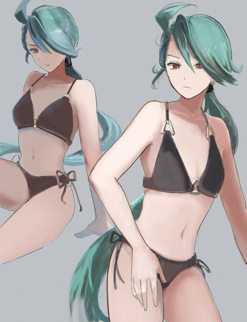 alternate_costume arm_support bikini black_bikini closed_mouth collarbone commentary_request female green_hair hair_between_eyes highres long_hair multiple_views pokemon pokemon_sv ponytail red_eyes rika_(pokemon) ringosan2329 side-tie_bikini_bottom sitting swimsuit