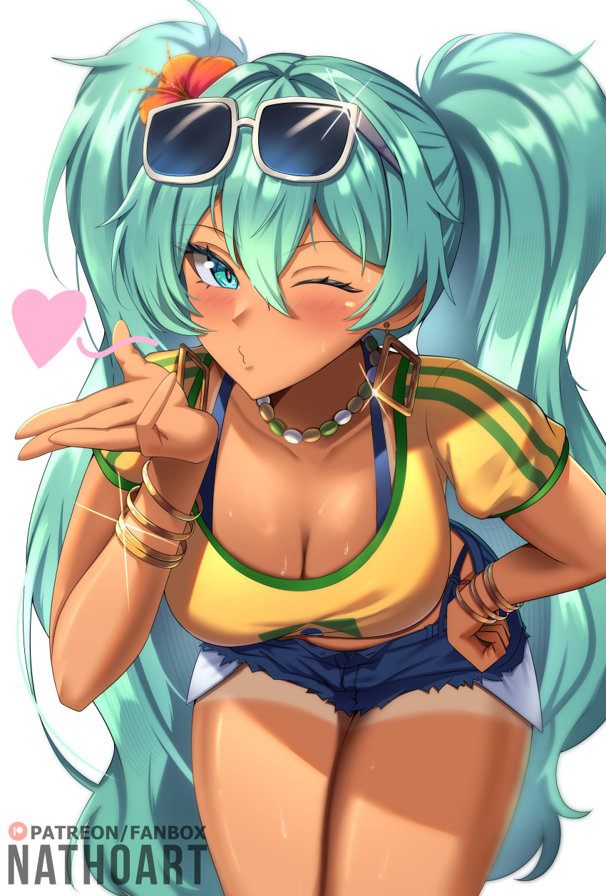 absurdres alternate_breast_size alternate_costume alternate_skin_color aqua_eyes aqua_hair artist_name bead_choker bent_over bikini bikini_tan bikini_under_clothes blowing_kiss blue_bikini blue_shorts blush borrowed_design bracelet brazilian_flag_print brazilian_miku breasts cleavage collarbone cowboy_shot crop_top denim denim_shorts earrings exposed_pocket eyewear_on_head female flower hair_between_eyes hand_on_own_hip hatsune_miku heart hibiscus highres jewelry looking_at_viewer multiple_bracelets nathoart one_eye_closed patreon_logo puckered_lips puffy_short_sleeves puffy_sleeves short_sleeves shorts shorts_tan simple_background solo sweat swimsuit tan tanlines twintails vocaloid white_background