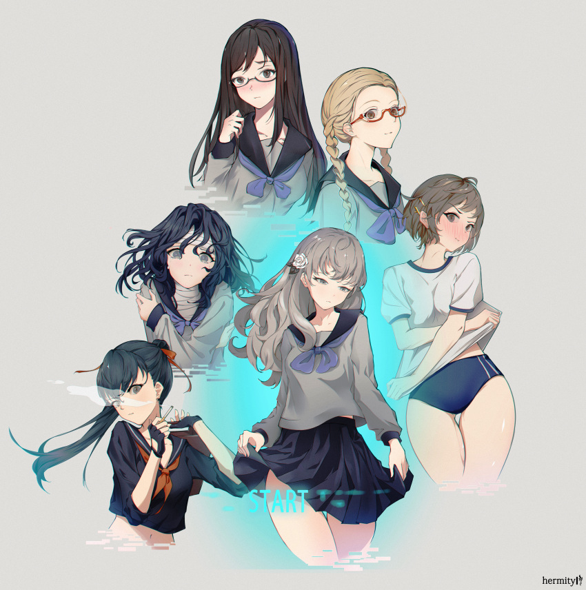 6+girls absurdres arms_up bandaged_head bandaged_neck bandages black_gloves black_hair black_serafuku blonde_hair blue_buruma blue_eyes blue_hair blush braid brown_eyes brown_hair buruma cigarette closed_mouth clothes_lift collarbone crying crying_with_eyes_open english_text fingerless_gloves flower flower_ornament fuyusaka_iori glasses gloves glowing grey_eyes grey_serafuku gym_shirt gym_uniform hair_flower hair_ornament hairclip hand_up hands_up hermityy highres holding holding_cigarette juusan_kihei_bouei_ken kisaragi_tomi long_sleeves looking_at_viewer midriff midriff_peek minami_natsuno multiple_girls neckerchief pleated_skirt ponytail purple_neckerchief red-framed_eyewear red_eyes red_neckerchief red_ribbon ribbon sad sailor_collar school_uniform serafuku shinonome_ryouko_(juusan_kihei_bouei_ken) shirt shirt_lift simple_background skirt skirt_lift smoke smoke_trail smoking takamiya_yuki tears thighs twin_braids twintails white_flower white_hair white_shirt yakushiji_megumi