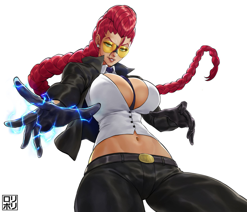 between_breasts black_gloves black_jacket black_pants blue_eyes breasts cleavage crimson_viper electricity female glasses gloves highres jacket jamrolypoly long_hair looking_at_viewer midriff necktie necktie_between_breasts pants ponytail red_hair shirt street_fighter street_fighter_iv_(series) white_shirt