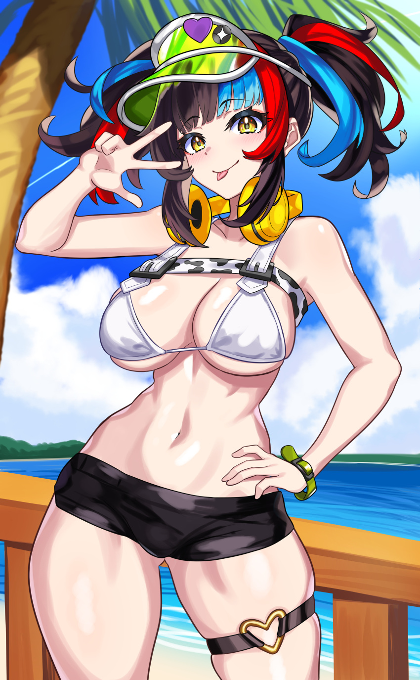 absurdres bikini breasts fate/grand_order fate_(series) female hand_on_own_hip headphones headphones_around_neck highres large_breasts micro_shorts multicolored_hair navel nez-box sei_shounagon_(fate) sei_shounagon_(swimsuit_berserker)_(fate) shorts swimsuit thigh_strap tongue tongue_out twintails v visor_cap white_bikini yellow_eyes