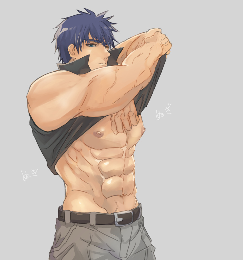 1boy abs bara bare_pectorals belt blue_eyes blue_hair fire_emblem fire_emblem:_radiant_dawn grey_background highres ike_(fire_emblem) kamabokozin large_pectorals male_focus muscular muscular_male navel nipples pectorals short_hair sleeveless undressing veins veiny_arms