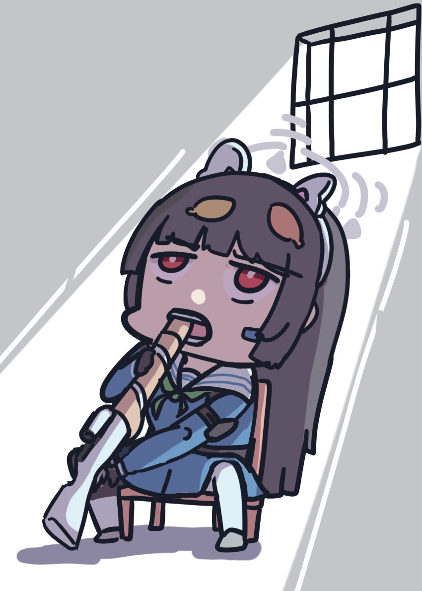 animal_ears black_hair blue_archive blue_shirt blue_skirt bolt_action chibi chibi_only commentary fake_animal_ears female grey_background grey_footwear grey_halo gun gun_fellatio_(shingeki_no_kyojin) gun_in_mouth halo headphones highres leaf leaf_on_head long_hair looking_up miyu_(blue_archive) mosin-nagant omurainu on_chair open_mouth pantyhose pleated_skirt rabbit_ears red_eyes rifle sailor_collar scene_reference shingeki_no_kyojin shirt simple_background sitting skirt solo teeth weapon white_background white_pantyhose white_sailor_collar window