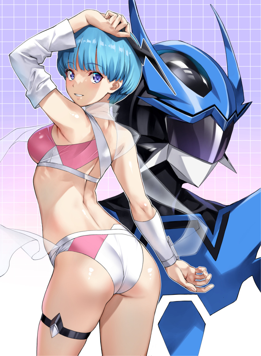 1boy armor ass blue_eyes blue_hair blush breasts crop_top female from_behind helmet highres looking_at_viewer looking_back medium_breasts nagayori see-through shiny_skin short_hair skindentation smile standing thigh_strap wingman wingman_(wingman) yume_aoi