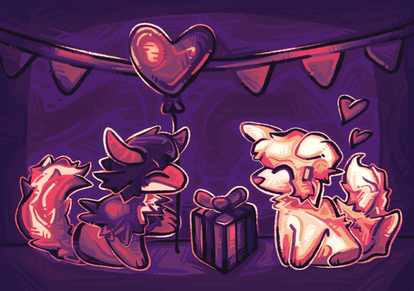 anniversary anthro balloon canid canine chibi dragon duo gift heart_symbol hi_res holidays inflatable intersex intersex/male male mammal mythological_creature mythological_scalie mythology olifawn party scalie smile valentine's_day