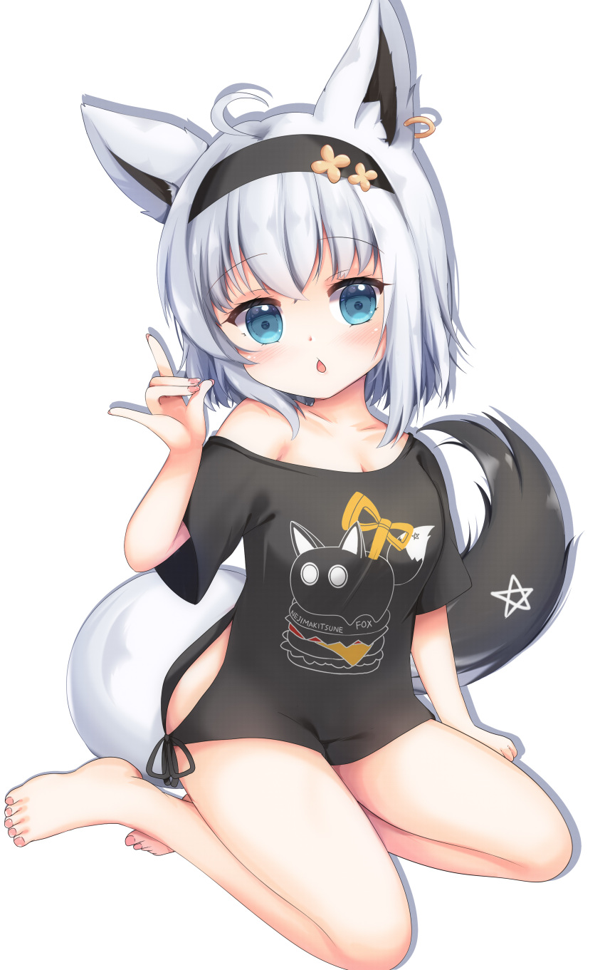 absurdres aged_down animal_ears bare_legs barefoot black_hairband black_shirt blue_eyes female fox_ears fox_girl fox_shadow_puppet fox_tail grandapple71 hairband highres hip_vent hololive looking_at_viewer nejima_kitsune_(shirakami_fubuki) no_pants off_shoulder shirakami_fubuki shirakami_fubuki_(loungewear) shirt short_hair short_sleeves simple_background single_bare_shoulder sitting tail virtual_youtuber white_background yokozuwari