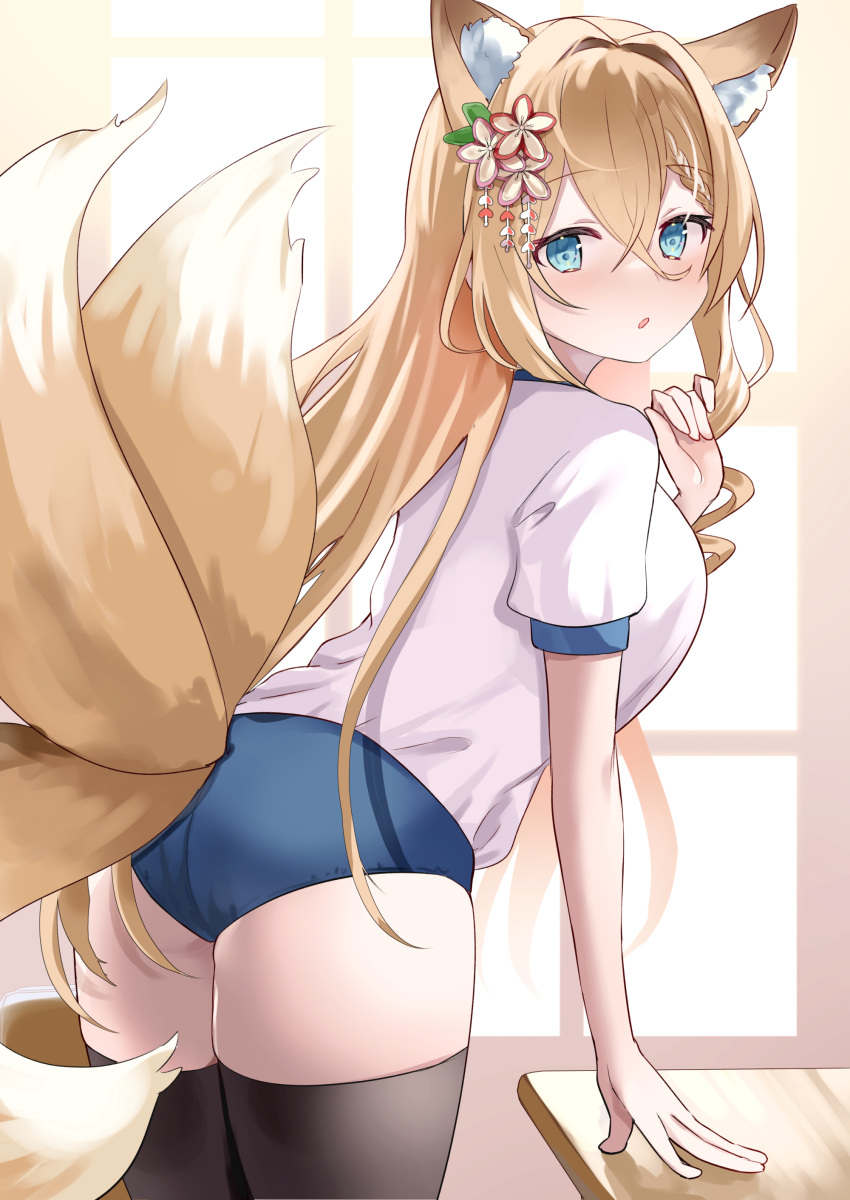 absurdres animal_ear_fluff animal_ears black_thighhighs blonde_hair bloomers blue_bloomers blue_eyes braid breasts chiune_(yachi) commission female flower fox_ears fox_girl fox_tail gym_uniform hair_between_eyes hair_flower hair_ornament highres indie_virtual_youtuber kitsune koromo_naruru long_hair multiple_tails shirt skeb_commission solo tail thighhighs virtual_youtuber white_shirt