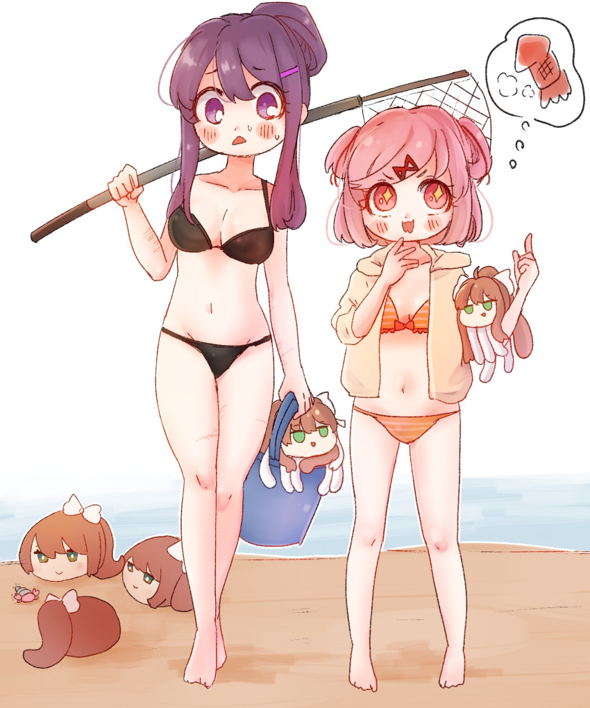 2girls :< :d animalization bare_shoulders barefoot beach bikini black_bikini blush blush_stickers bob_cut bow bow_bikini breasts bright_pupils brown_hair bucket carrying_over_shoulder closed_mouth collarbone commentary creature day doki_doki_literature_club fishing_net full_body green_eyes groin hair_between_eyes hair_ornament hair_ribbon hair_up hairbow hairclip hand_up height_difference hermit_crab highres holding holding_bucket holding_creature holding_net hood hood_down hungry index_finger_raised ituu_kiriko jacket jacket_over_swimsuit jitome long_hair looking_at_animal looking_at_another looking_to_the_side looking_up medium_breasts midriff monika_(doki_doki_literature_club) multiple_girls natsuki_(doki_doki_literature_club) navel nervous nervous_sweating ocean open_clothes open_jacket open_mouth orange_bikini outdoors parted_lips pink_eyes pink_hair pointing pointing_up ponytail purple_eyes purple_hair raised_eyebrow red_ribbon ribbon romaji_commentary sand scar scar_on_arm scar_on_leg self-harm_scar short_hair side-by-side sidelocks small_breasts smile sparkle sparkling_eyes spoken_food squid standing steam striped_bikini striped_clothes sweat sweatdrop swept_bangs swimsuit thought_bubble two_side_up upturned_eyes v-shaped_eyebrows walking water wavy_mouth white_background white_bow white_pupils white_ribbon worried x_hair_ornament yellow_jacket yuri_(doki_doki_literature_club)