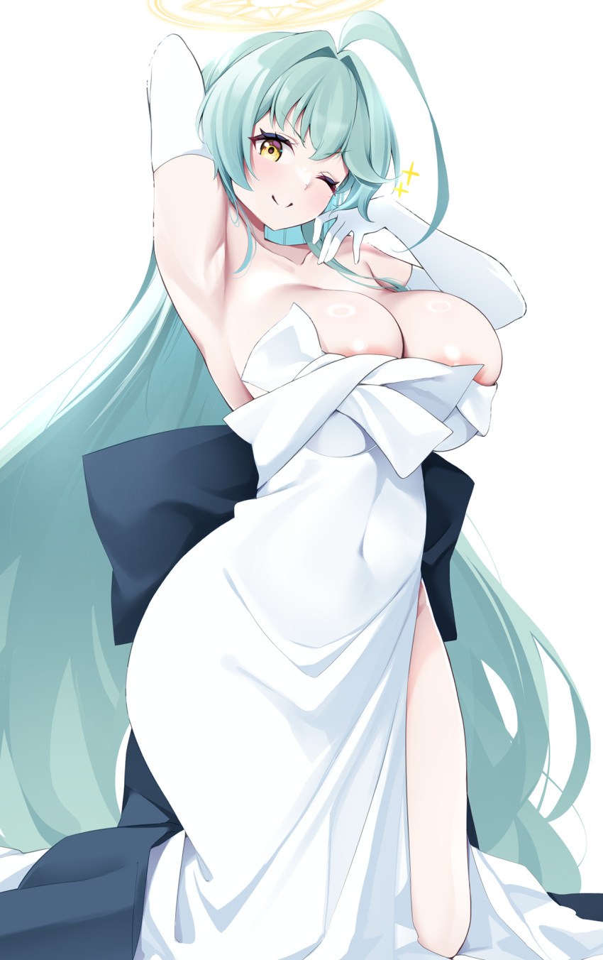 ahoge areola_slip arm_up armpits bare_shoulders blue_archive breasts cleavage collarbone covered_navel dress elbow_gloves female gloves green_hair hair_between_eyes halo highres huge_breasts kanmuri_(kannmuri0227) large_breasts long_hair looking_at_viewer one_eye_closed solo strapless strapless_dress very_long_hair white_background yellow_eyes yume_(blue_archive)