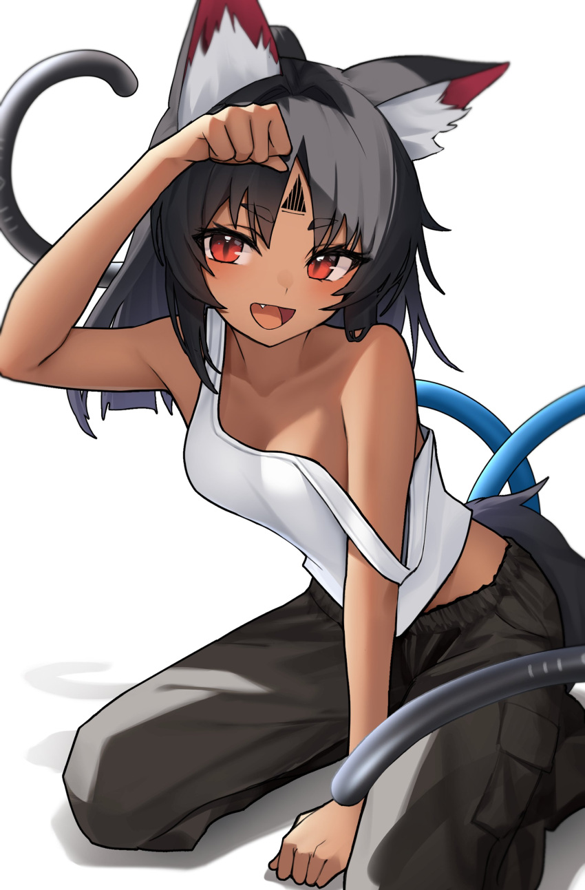 absurdres animal_ear_fluff animal_ears black_hair black_pants blush cat_ears cat_girl cowboy_shot dark-skinned_female dark_skin facial_mark female forehead_mark highres long_hair looking_at_viewer multiple_tails nekomiya_mana oerba_yun_fang open_mouth pants parted_bangs red_eyes shirt short_sleeves simple_background smile solo tail thomas_8000 two_tails white_background white_shirt zenless_zone_zero