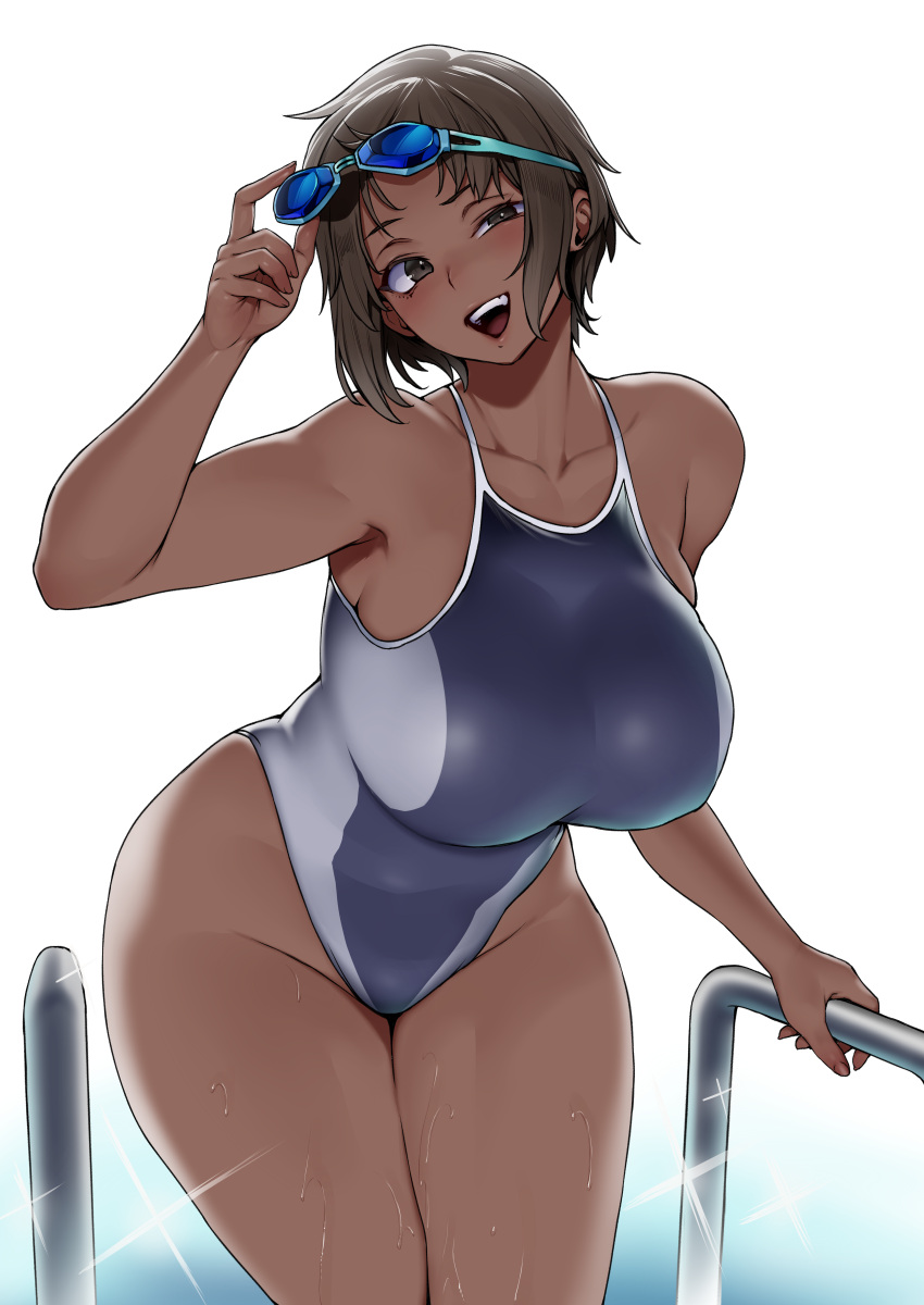 :d absurdres adjusting_goggles arm_up bare_arms bare_legs bare_shoulders black_hair blue_one-piece_swimsuit breasts collarbone commentary_request competition_swimsuit cowboy_shot dark-skinned_female dark_skin female goggles goggles_on_head grey_eyes groin half-closed_eye head_tilt highleg highleg_one-piece_swimsuit highres huge_breasts leaning_forward looking_at_viewer one-piece_swimsuit open_mouth original pool_ladder short_hair smile solo sparkle standing swim_goggles swimsuit teeth two-tone_swimsuit upper_teeth_only water wet white_background white_one-piece_swimsuit yesman_(cvbnyesman)