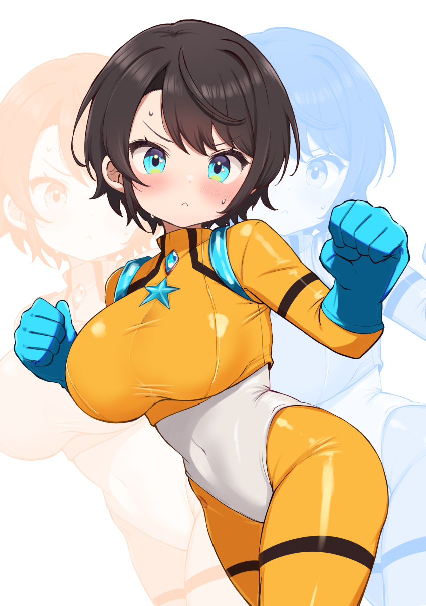 :< absurdres alternate_breast_size alternate_costume black_hair blue_eyes blue_gloves blush bodysuit breasts brooch clenched_hands commentary_request covered_navel cowboy_shot female gloves highres hololive jewelry kani_bonara large_breasts looking_at_viewer oozora_subaru short_hair solo virtual_youtuber white_background zoom_layer