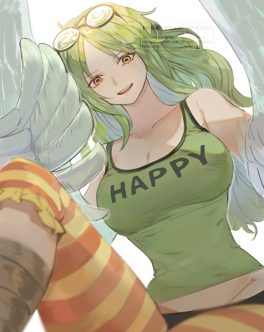 breasts cleavage clothes_writing coke-bottle_glasses cropped_shirt devil_fruit_power eyewear_on_head feathered_wings female from_below glasses green_hair green_tank_top harpy highres knee_up large_breasts long_hair looking_at_viewer monet_(one_piece) monster_girl nekoneru09 one_piece open_mouth pantyhose smile solo striped_clothes striped_pantyhose tank_top winged_arms wings yellow_eyes