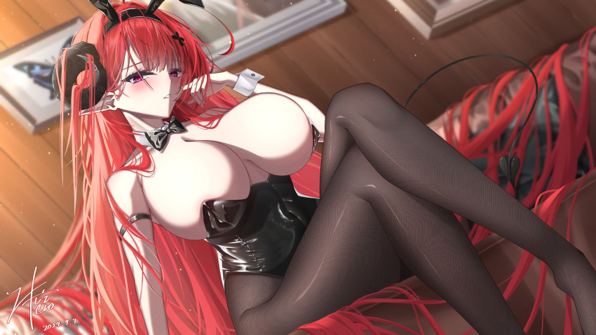 2024 absurdly_long_hair absurdres animal_ear_hairband animal_ears arm_strap azur_lane bare_shoulders black_horns black_leotard breasts brown_pantyhose commentary crossed_legs curled_horns dated demon_girl demon_horns demon_tail detached_collar dutch_angle fake_animal_ears feet_out_of_frame female fine_fabric_emphasis forward_facing_horns framed_insect from_below hairband highres hindenburg_(azur_lane) hindenburg_(delirious_duel)_(azur_lane) horns huge_breasts leotard long_hair looking_at_viewer official_alternate_costume pantyhose playboy_bunny pointy_ears rabbit_ear_hairband rabbit_ears red_hair signature sitting strapless strapless_leotard tail undersized_breast_cup very_long_hair z_shitei_ero