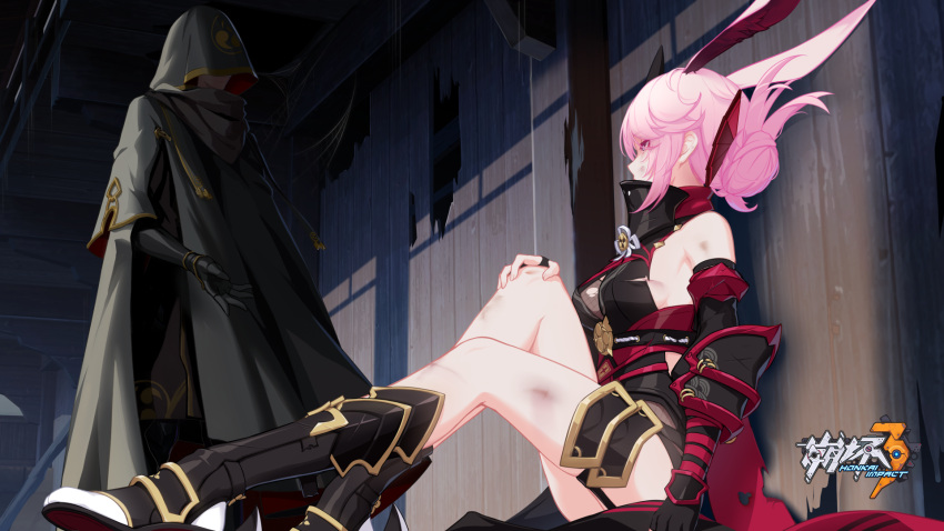 1boy animal_ears armor bare_shoulders breasts captain_(honkai_impact) coat dirty dirty_face female fox_ears fox_mask gauntlets greaves grey_coat hair_bun highres honkai_(series) honkai_impact_3rd japanese_armor mask medium_breasts ninja official_art pink_hair purple_eyes red_scarf scarf silk single_hair_bun sitting spider_web yae_kasumi yae_sakura