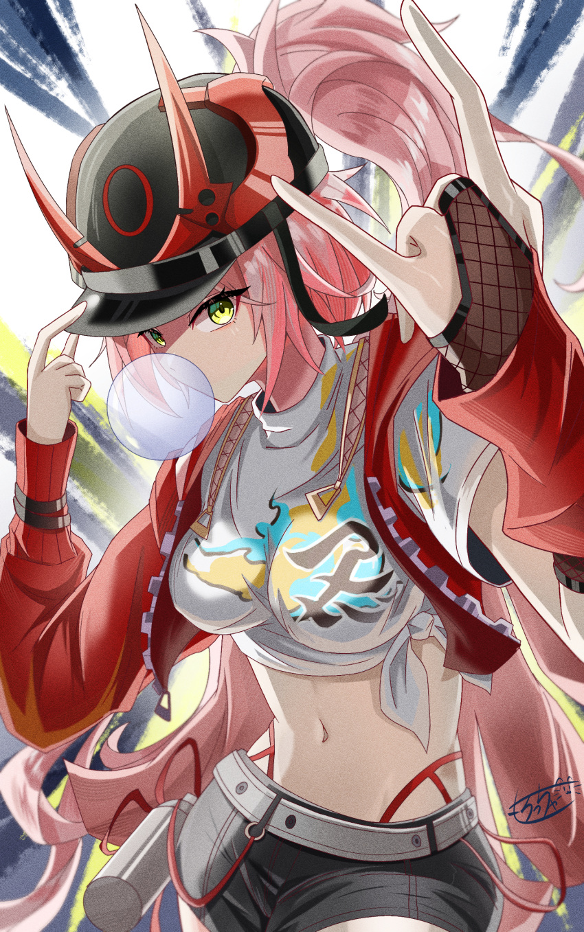 absurdres belt black_hat black_shorts blowing_bubbles breasts bridal_gauntlets chewing_gum commentary cowboy_shot crop_top female fishnet_bridal_gauntlets gang_sign green_eyes hand_on_headwear hat hat_horns highres honkai:_star_rail honkai_(series) horns jacket large_breasts long_hair looking_at_viewer midriff morocha1130 navel pink_hair ponytail rappa_(honkai:_star_rail) red_horns red_jacket shirt shorts sidelocks signature single_bridal_gauntlet sleeveless sleeveless_jacket solo tied_shirt very_long_hair white_belt white_shirt