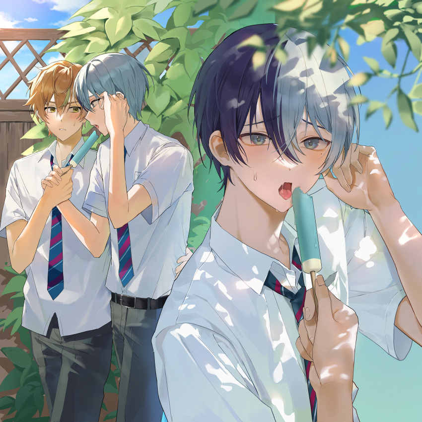 2boys absurdres aoyagi_touya arm_around_waist arm_up belt black_belt black_pants blue_eyes blue_hair blue_sky cloud collared_shirt commentary couple curled_fingers feeding fence food gaech0 hair_between_eyes highres holding holding_food holding_hands hot leaf looking_at_another male_focus multicolored_hair multicolored_necktie multiple_boys necktie open_mouth orange_hair pants popsicle project_sekai saliva shinonome_akito shirt sideways_glance sky split-color_hair streaked_hair summer sweat sweatdrop symbol-only_commentary tree white_shirt wing_collar yaoi