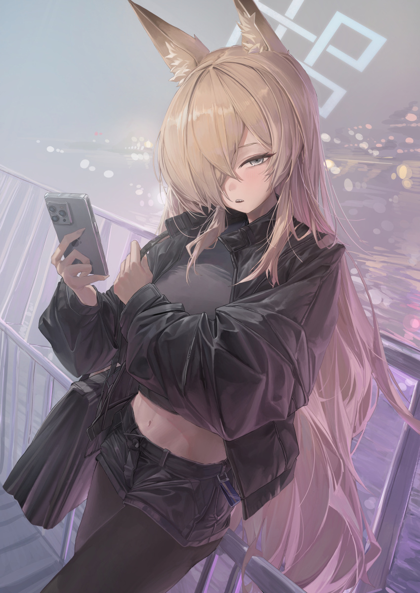 absurdres against_railing alternate_costume animal_ear_fluff animal_ears black_jacket black_pantyhose black_shorts blonde_hair blue_archive blue_eyes blue_halo cellphone city_lights commentary crop_top dainillust female hair_over_one_eye halo hand_on_own_arm highres holding holding_phone jacket kanna_(blue_archive) leather leather_jacket long_hair long_sleeves looking_at_viewer midriff navel open_clothes open_jacket outdoors pantyhose pantyhose_under_shorts phone puffy_long_sleeves puffy_sleeves railing revision shorts