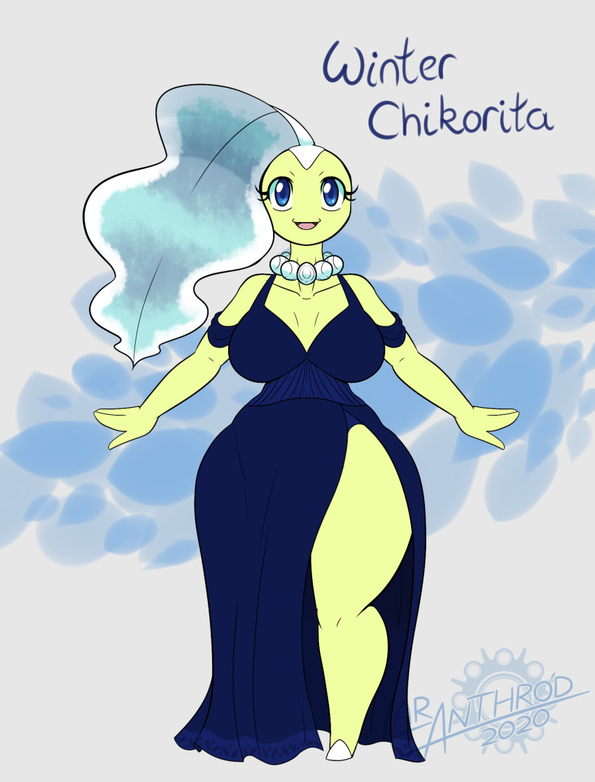 2020 anthro artist_name blue_eyes blue_text breasts chikorita clothed clothing digital_media_(artwork) dress english_text eyelashes female fingers generation_2_pokemon hi_res latiar looking_at_viewer nintendo number open_mouth pokemon pokemon_(species) simple_background solo standing text tongue white_sclera wide_hips