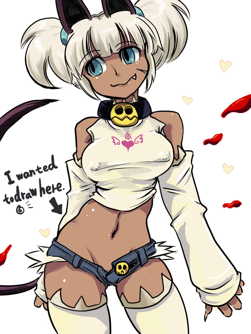 alternate_costume alternate_hairstyle bad_id bad_twitter_id blue_eyes cat_tail claws collar commentary_request covered_nipples cowboy_shot crop_top dark-skinned_female dark_skin detached_sleeves english_text female highres looking_to_the_side micro_shorts midriff mishiro_shinza ms._fortune_(skullgirls) navel oerba_yun_fang open_clothes open_shorts short_shorts shorts skullgirls solo tail twintails