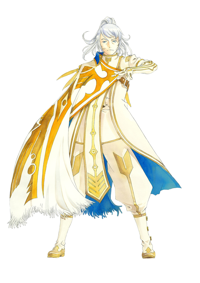 1boy absurdres artorius_collbrande blue_eyes boots chest_belt coat elbow_gloves fujishima_kousuke full_body gloves highres looking_at_viewer male_focus mature_male official_art pants photoshop_(medium) ponytail side_cape simple_background solo standing tabard tales_of_(series) tales_of_berseria two-sided_fabric uniform white_background white_footwear white_gloves white_hair