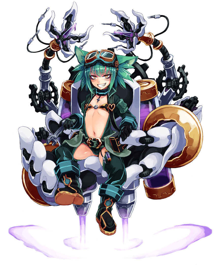 :d absurdres animal_ears bad_source blush boots collar enty_reward female flat_chest full_body gears goggles goggles_on_head green_hair gremlin_(monster_girl_encyclopedia) grin highres jetpack jewelry kenkou_cross looking_at_viewer machinery mechanical_arms monster_girl monster_girl_encyclopedia navel necklace official_art open_mouth paid_reward short_hair simple_background sitting smile solo v-shaped_eyebrows white_background wrench yellow_eyes