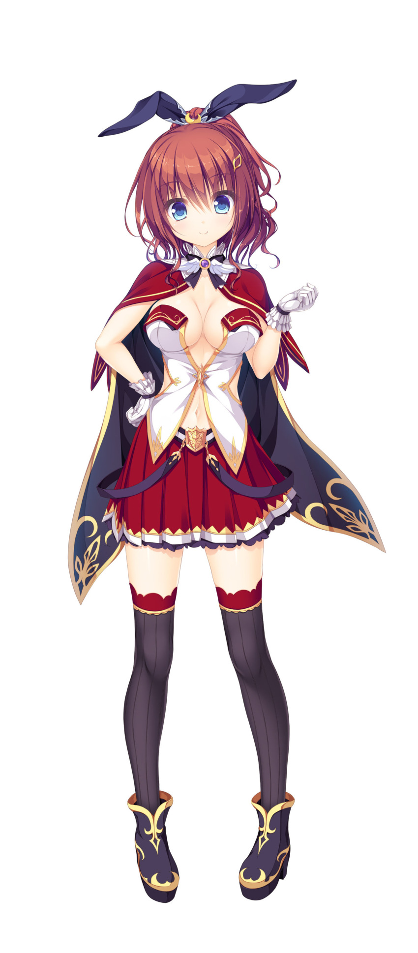 absurdres animal_ears blue_eyes breasts capelet cleavage fake_animal_ears female full_body gloves hair_ornament hairclip hand_on_own_hip hand_up hatsujou_sprinkle highres large_breasts looking_at_viewer meidou_hazuki mikagami_mamizu navel official_art plaid plaid_skirt platform_footwear rabbit_ears red_hair short_hair simple_background skirt smile solo thighhighs white_background white_gloves