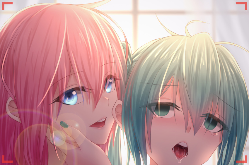 2girls :d ahe_gao blank_eyes blue_eyes close-up commentary empty_eyes geduan green_eyes green_hair green_nails hair_between_eyes hatsune_miku highres lens_flare long_hair megurine_luka multiple_girls nail_polish open_mouth orgasm pink_hair saliva saliva_trail smile tears twintails vocaloid yuri