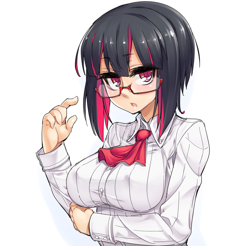 black_hair breast_hold breasts commentary_request female glasses highres large_breasts looking_at_viewer mikan_riji multicolored_hair open_mouth original pink_eyes pink_hair red-framed_eyewear ridinetta semi-rimless_eyewear solo two-tone_hair