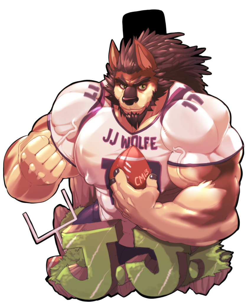 abs american_football anthro athletic ball beard biceps big_muscles bottomwear brown_hair brown_nose canid canine canis clothing competition_number cursedmarked dirt domestic_dog facial_hair fingernails flexing grass green_eyes gridiron_ball hair hi_res holding_ball holding_object huge_muscles hyper hyper_muscles jersey letters looking_at_viewer male mammal manly mature_anthro mature_male muscular muscular_anthro muscular_male nails nipple_outline nipples number number_on_clothing number_on_jersey number_on_topwear number_print pants pecs plant pose print_clothing print_jersey print_topwear shirt simple_background smile solo sport standing text text_on_clothing text_on_jersey text_on_topwear text_print topwear vein