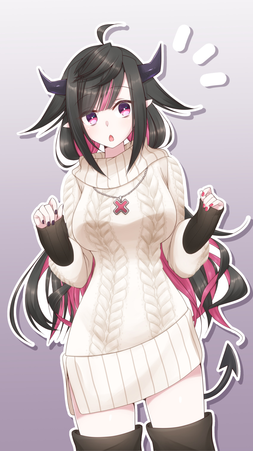 ahoge bags_under_eyes black_hair blunt_bangs boots breasts commentary demon_girl demon_horns demon_tail female gradient_background hair_between_eyes highres horns jewelry kasumisometsuki large_breasts long_hair long_sleeves looking_at_viewer multicolored_hair necklace nijisanji oerba_yun_fang open_mouth pink_eyes pink_hair pointy_ears purple_background ribbed_sweater simple_background sleeves_past_wrists solo sweater tail thigh_boots thighhighs thighs two-tone_hair very_long_hair virtual_youtuber yamiyono_moruru yamiyono_moruru_(3rd_costume)