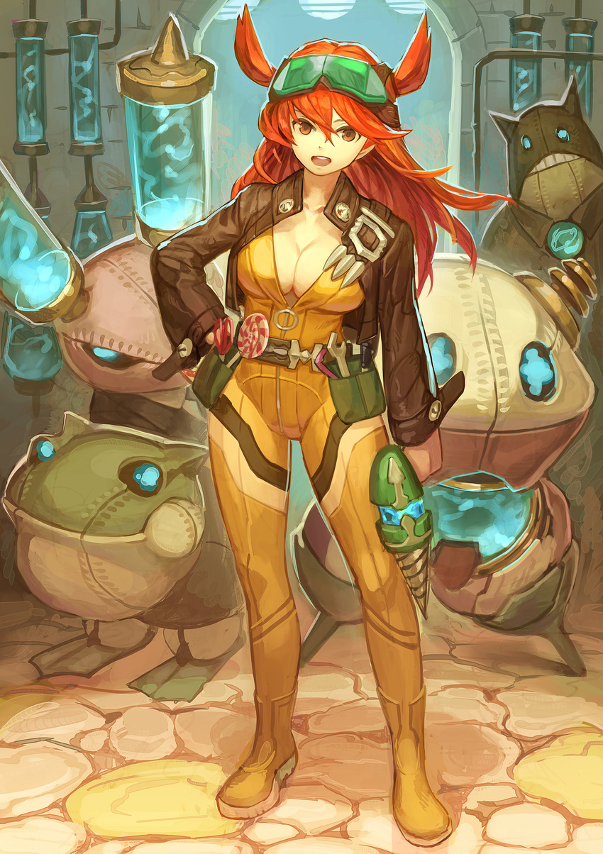 ankle_boots bad_id bad_pixiv_id belt bodysuit boots breasts brown_eyes candy cleavage collarbone cropped_jacket drill female food frog full_body goggles goggles_on_head hair_between_eyes hand_on_own_hip highres katahira_(hiyama) large_breasts lollipop long_hair long_sleeves looking_at_viewer open_mouth orange_bodysuit orange_hair original pavement robot scissors solo test_tube wrench yellow_footwear