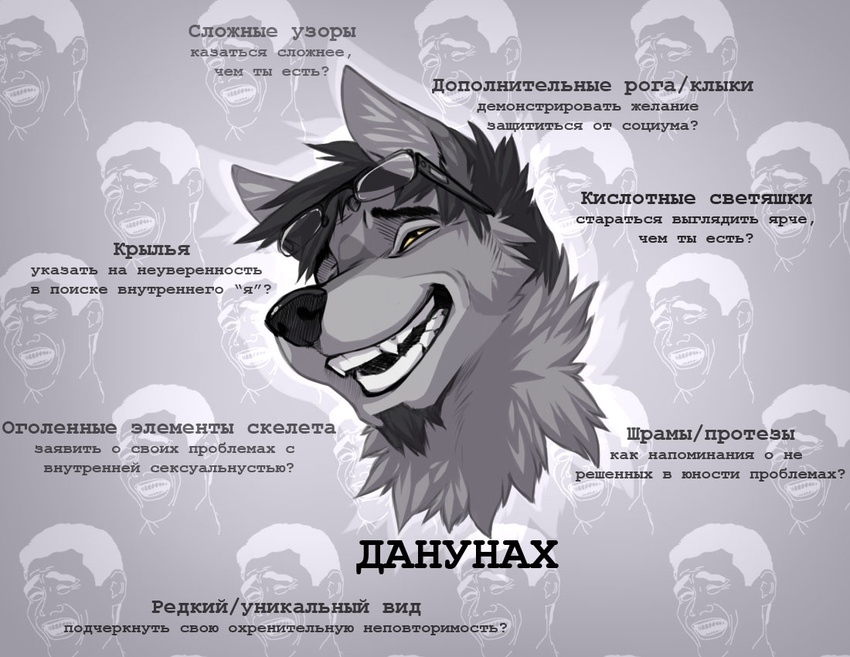 black_nose canid canine canis critique digital_media_(artwork) ear_tuft eyebrows eyewear facial_hair fur glasses goatee grey_body grey_fur hair headshot_portrait human humor male mammal meme portrait rage_comic russian_text satire shaded smile solo teeth text translated trollface tuft wolf wolfy-nail wolfy-nail_(character) yao_ming yellow_eyes