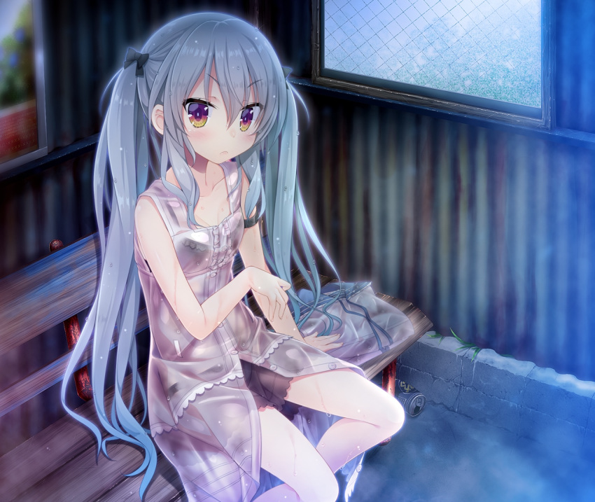 arm_strap bench blush brown_eyes dress female frown fukuhara_shiori game_cg gradient_eyes grey_hair kimi_to_tsunagaru_koi_flag long_hair looking_at_viewer lucie multicolored_eyes official_art purple_eyes red_eyes sitting sleeveless sleeveless_dress solo tsurime twintails v-shaped_eyebrows very_long_hair wet