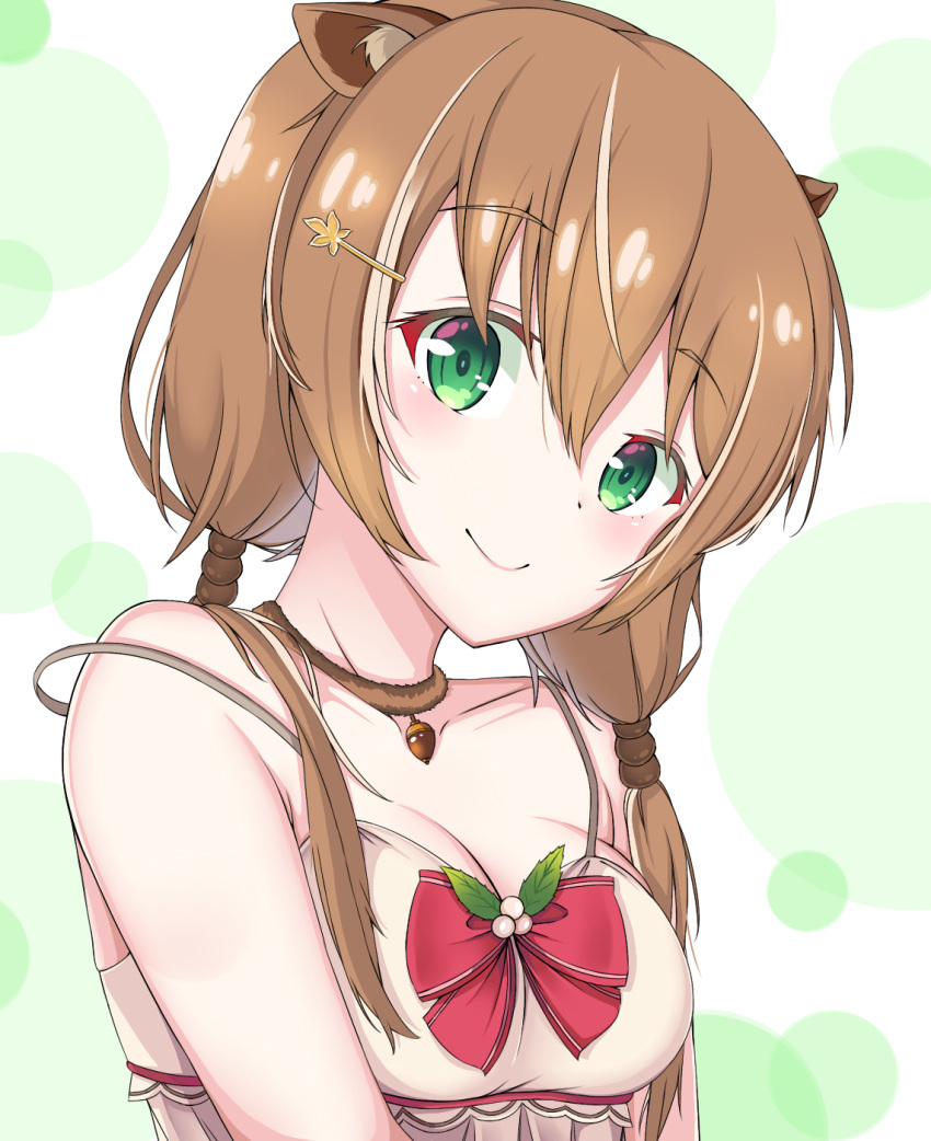 acorn akh@98 animal_ears ayunda_risu ayunda_risu_(1st_costume) breasts brown_hair cleavage collarbone dress female fur_choker green_eyes hair_ornament hairclip head_tilt highres hololive hololive_indonesia light_blush medium_breasts medium_hair portrait smile solo squirrel_ears squirrel_girl virtual_youtuber white_dress