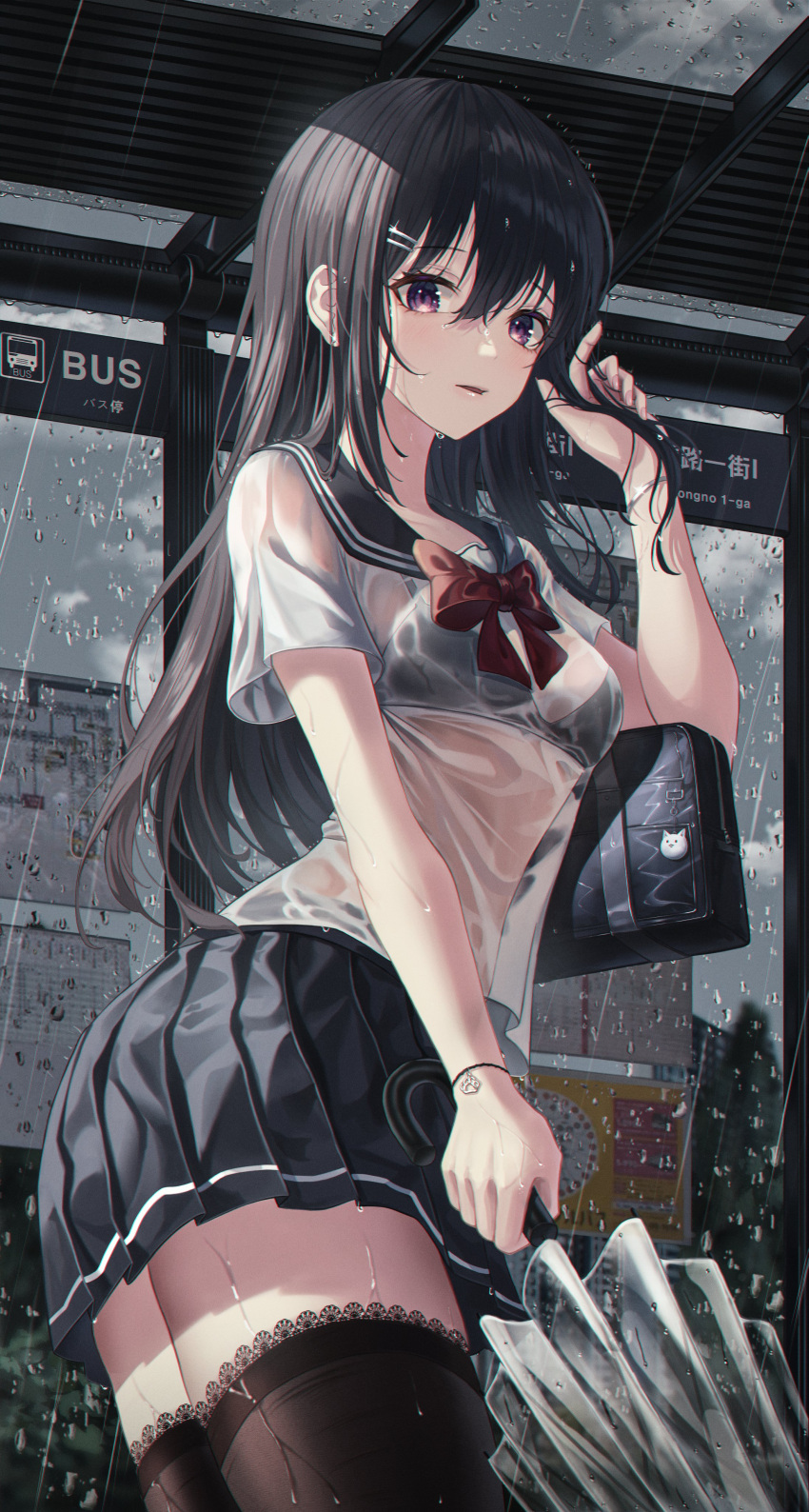 absurdres bag black_bra black_hair black_skirt black_thighhighs blush bow bowtie bra bra_visible_through_clothes breasts bus_stop chromatic_aberration commentary fall_(aki) female hair_ornament hairclip highres holding holding_umbrella lace long_hair looking_at_viewer medium_breasts open_mouth original outdoors parted_lips pleated_skirt purple_eyes rain red_bow red_bowtie school_bag school_uniform see-through serafuku shirt skirt solo standing symbol-only_commentary taking_shelter thighhighs transparent transparent_umbrella umbrella underwear uniform wet wet_clothes wet_hair wet_shirt white_shirt zettai_ryouiki