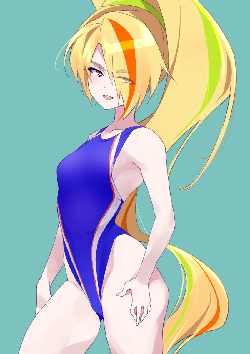 blonde_hair blue_background blue_one-piece_swimsuit competition_swimsuit coveredcore eyes_visible_through_hair female hair_over_one_eye highleg highleg_swimsuit highres light_green_hair long_hair multicolored_clothes multicolored_hair multicolored_swimsuit nikaidou_saki one-piece_swimsuit orange_hair solo streaked_hair swimsuit very_long_hair zombie_land_saga