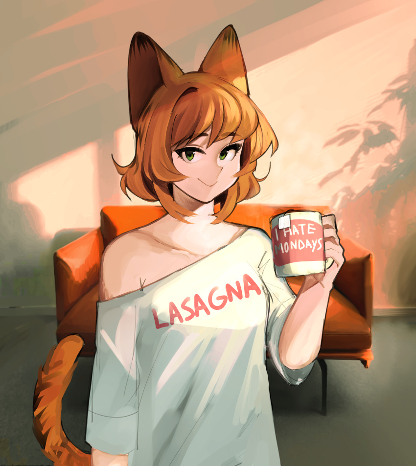 absurdres animal_ears blush breasts brown_hair cat_ears cat_girl cat_tail closed_mouth clothes_writing coffee_mug collarbone commentary couch cup english_commentary english_text female garfield garfield_(character) genderswap_(mtf) green_eyes highres holding holding_cup kumaartsu looking_at_viewer medium_breasts mug mug_writing off-shoulder_shirt off_shoulder orange_hair personification rule_63 shirt short_hair smile solo tail teabag white_shirt