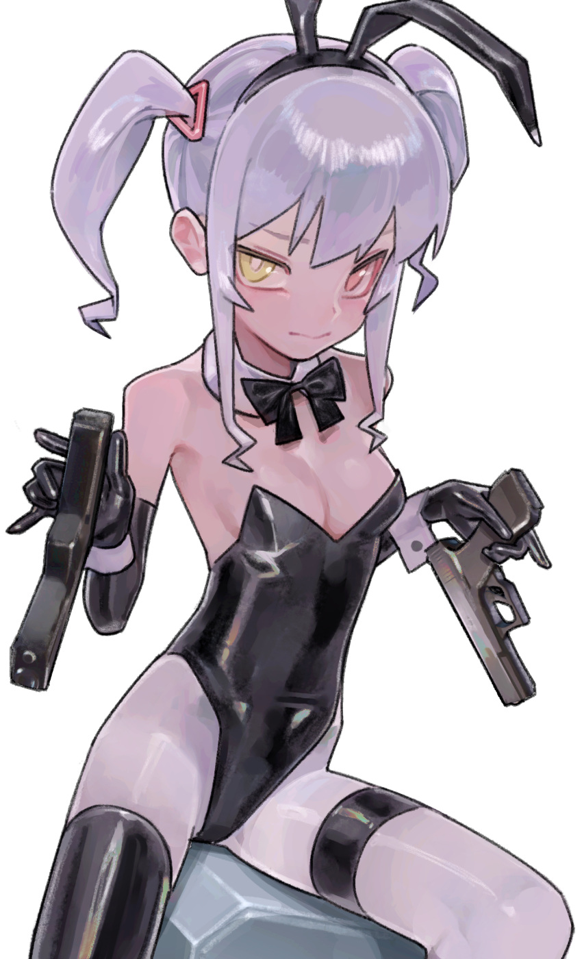 absurdres animal_ears bow bowtie breasts bright_pupils detached_collar dual_wielding elbow_gloves fake_animal_ears female gloves green_eyes gun handgun heterochromia highres holding holding_gun holding_weapon leotard looking_at_viewer neon_(saaal653) original pantyhose pink_eyes playboy_bunny rabbit_ears saaal653 single_thighhigh small_breasts solo strapless strapless_leotard thigh_strap thighhighs twintails weapon white_hair white_pantyhose white_pupils wrist_cuffs