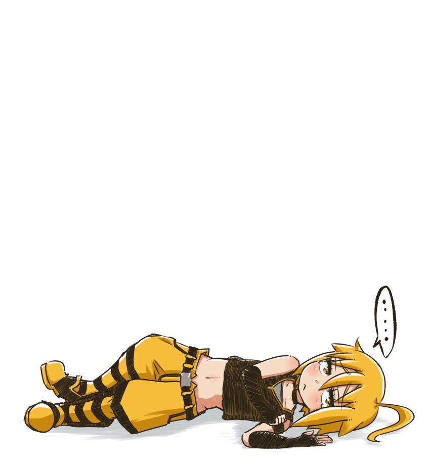 ... 1boy :< akita_nero belt black_shirt blonde_hair blush crop_top full_body furrowed_brow highres looking_at_viewer lying male_focus navel on_side pants ponytail shirt smith_hioka solo speech_bubble spoken_ellipsis striped_clothes striped_pants tears vocaloid white_background yellow_eyes yellow_pants