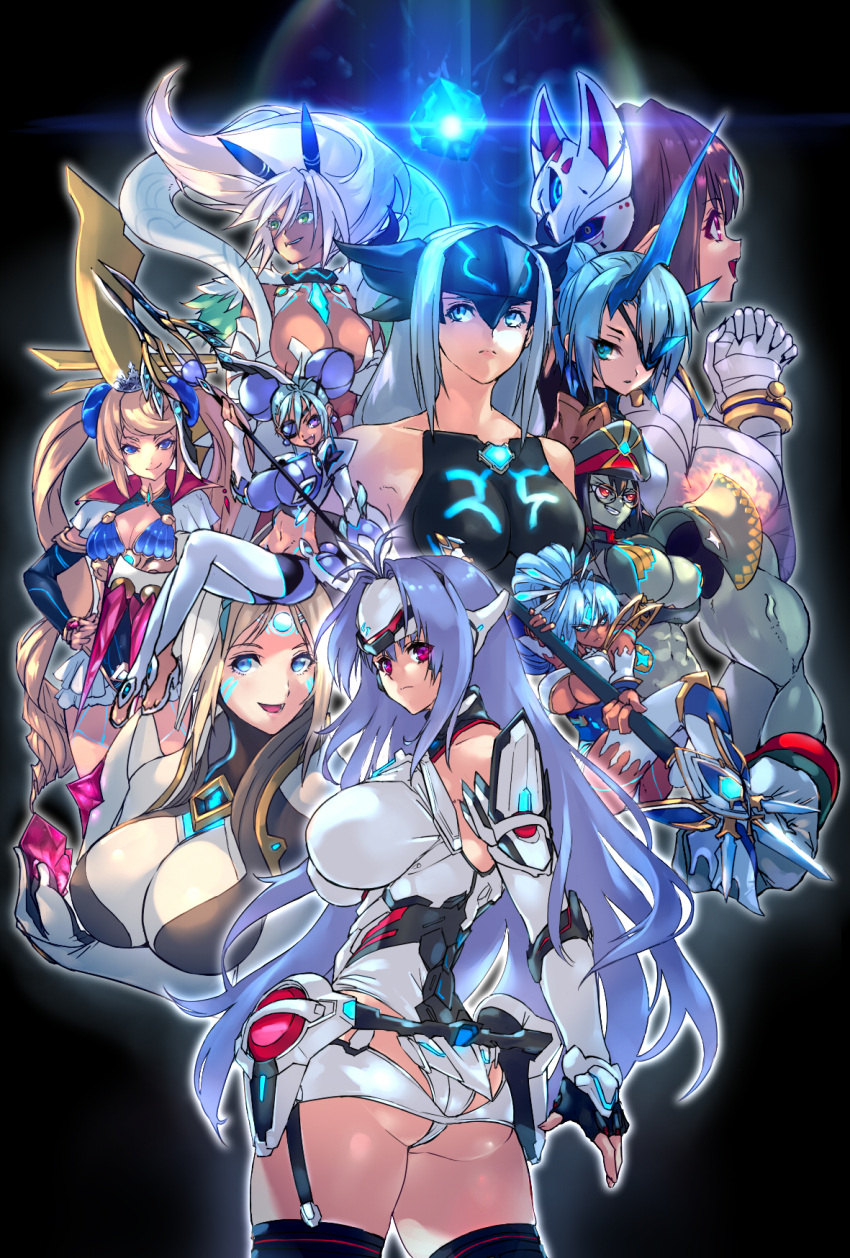 agate_(xenoblade) android animal_ears armor ass bare_shoulders black_hair blonde_hair blue_eyes blue_hair blush breasts cleavage dark-skinned_female dark_skin dress elbow_gloves expressionless eyepatch forehead_protector fox_mask glasses gloves glowing glowing_eyes green_eyes hagoromo herald_(xenoblade) highres japanese_clothes kasandra_(xenoblade) kos-mos kos-mos_re: large_breasts leotard long_hair looking_at_viewer mask military monster_girl multiple_girls negresco newt_(xenoblade) open_mouth pauldrons perun_(xenoblade) pointy_ears polearm ponytail praxis_(xenoblade) red_eyes shawl sheba_(xenoblade) short_hair shoulder_armor simple_background smile spear theory_(xenoblade) thighhighs twintails very_long_hair weapon white_hair white_leotard xenoblade_chronicles_(series) xenoblade_chronicles_2 xenosaga zenobia_(xenoblade)