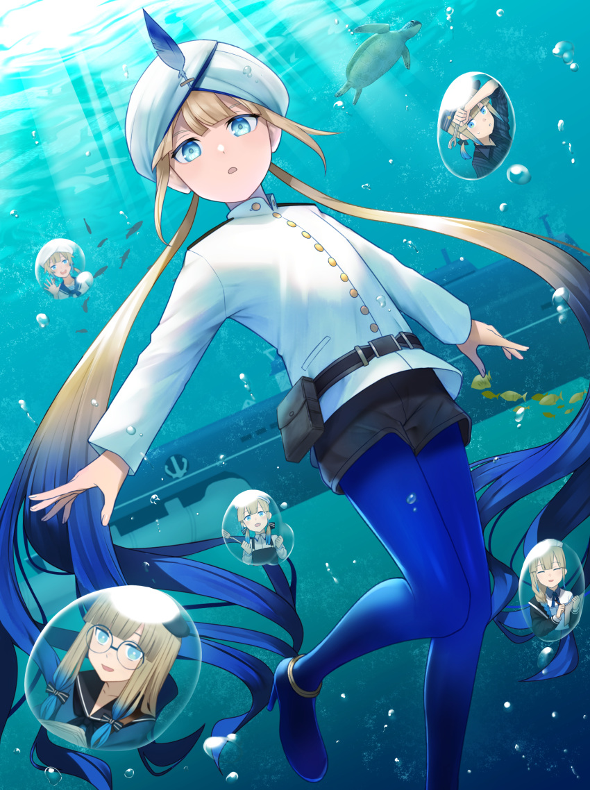 3boys 3girls :o absurdres air_bubble animal apron bad_id bad_pixiv_id baker_nemo_(fate) belt belt_buckle black_apron black_belt black_bow black_jacket blonde_hair blue_eyes blue_footwear blue_hair blue_pantyhose blunt_bangs boat bow brown_shorts bubble buckle captain_nemo_(fate) commentary_request engineer_nemo_(fate) fate/grand_order fate_(series) fish glasses gradient_hair hairbow hat high_heels highres jacket long_hair long_sleeves looking_at_viewer low_twintails marine_nemo_(fate) multicolored_hair multiple_boys multiple_girls nautilus_(submarine) nemo_(fate) nurse_nemo_(fate) off_shoulder open_mouth pantyhose professor_nemo_(fate) ribbon sailor_collar shoes short_shorts shorts smile solo_focus submarine tortoise tsuchifumazu turban turtle twintails two-tone_hair underwater watercraft white_headwear white_jacket