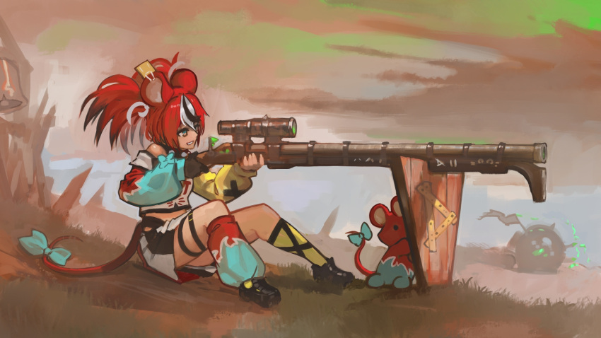 aiming animal_ears antique_firearm asymmetrical_legwear blue_eyes cloud commentary crossover detached_sleeves doomwheel english_commentary female firelock gloves gun hakos_baelz highres hololive hololive_english jezail mouse_ears mouse_tail mousetrap mr._squeaks_(hakos_baelz) multicolored_hair outdoors paintrfiend red_hair ribbon shield single_glove sitting skaven skirt solo streaked_hair tail tail_ornament tail_ribbon virtual_youtuber warhammer_fantasy warplock_jezzail weapon