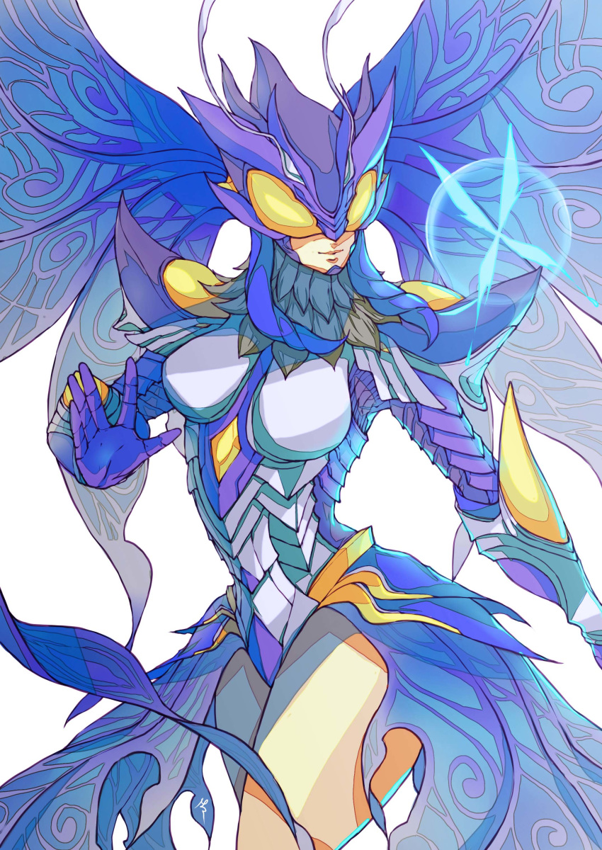 absurdres antennae armor armored_leotard arthropod_girl bad_id bad_pixiv_id blue_butterfly breasts bug butterfly butterfly_wings commentary covered_eyes cowboy_shot digimon digimon_(creature) digimon_story:_cyber_sleuth digimon_story:_cyber_sleuth_-_hacker's_memory english_commentary facing_viewer female fur_collar gauntlets gloves hair_wings helmet highres hudiemon insect_wings leotard medium_breasts monster_girl nateasora open_hand photoshop_(medium) purple_gloves purple_hair see-through shoulder_armor sidelocks signature simple_background smile solo white_background wings