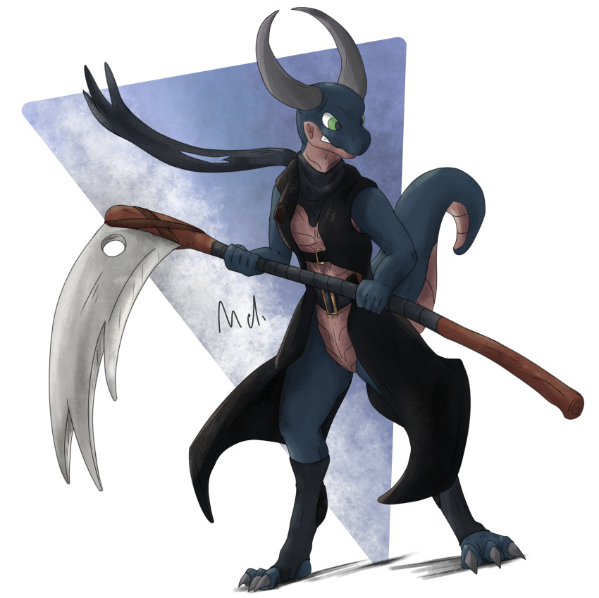 absurd_res alpha_channel angry anthro belt buckle clothing coat dragon female footwear hi_res horn melee_weapon mythological_creature mythological_scalie mythology polearm reptile scalie scarf scythe socks solo tail topwear weapon youmadsin