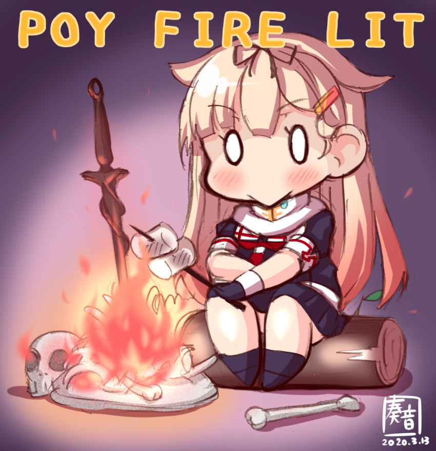 0_0 :> artist_logo black_gloves black_ribbon black_serafuku black_socks blonde_hair bone chibi commentary_request dark_souls_(series) dark_souls_i dated female fire food gloves hair_flaps hair_ornament hair_ribbon hairclip highres kanon_(kurogane_knights) kantai_collection kneehighs log long_hair marshmallow neckerchief red_neckerchief ribbon roasted_marshmallow roasting scarf school_uniform serafuku sitting skull socks solo sword weapon white_scarf yuudachi_(kancolle) yuudachi_kai_ni_(kancolle)