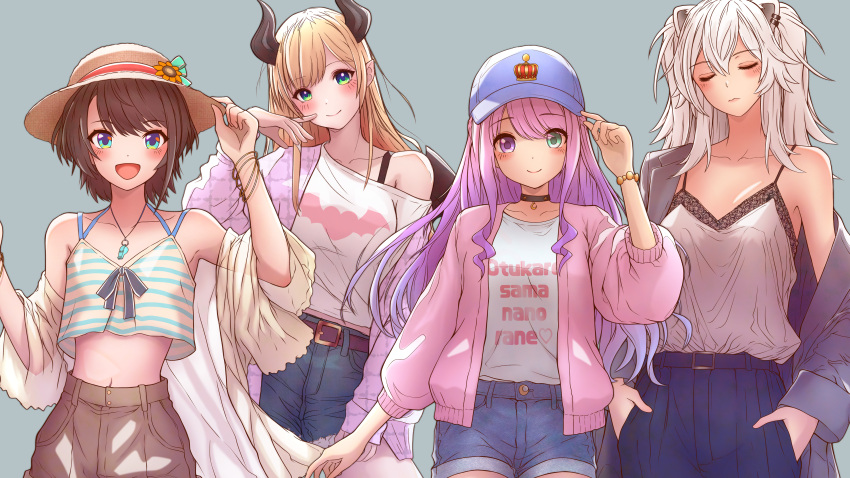 4girls :d absurdres ahoge alternate_costume animal_ears aqua_eyes baseball_cap belt black_hair blonde_hair blue_coat blue_pants blush bracelet brown_shorts camisole closed_eyes clothes_writing coat collarbone commentary_request cowboy_shot crown_print demon_girl demon_wings denim denim_shorts flower green_eyes grey_background grey_camisole grey_hair hands_in_pockets hat hat_flower heterochromia highres himemori_luna hololive horns jacket jewelry lion_ears lion_girl long_hair long_sleeves looking_at_viewer mikan_mizu multiple_bracelets multiple_girls navel off_shoulder oozora_subaru open_clothes open_shirt pants pink_hair pink_jacket pink_shirt pointy_ears print_shirt purple_eyes shirt shishiro_botan short_hair shorts simple_background sleeveless sleeveless_shirt smile spaghetti_strap stomach straw_hat striped_clothes striped_shirt subachocolunatan_(hololive) virtual_youtuber whistle whistle_around_neck white_shirt wings yuzuki_choco