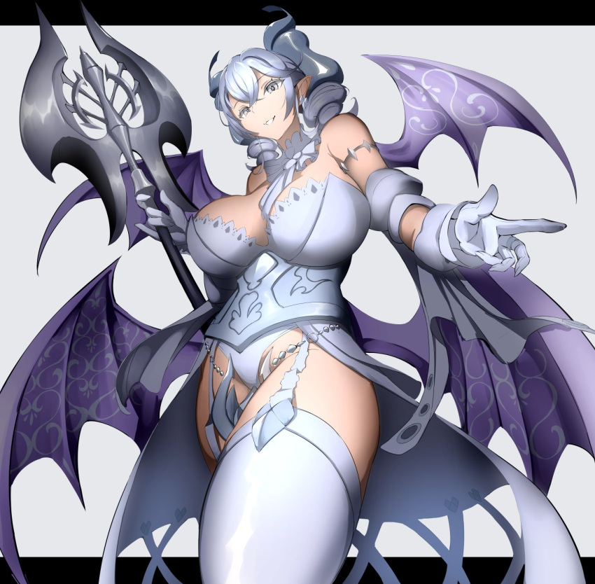 bare_shoulders black_border border breasts c4_621_raven cleavage cowboy_shot demon_girl demon_wings dress drill_hair duel_monster gloves grey_background grey_eyes grey_hair highres holding holding_polearm holding_weapon horns large_breasts leotard lovely_labrynth_of_the_silver_castle medium_hair polearm simple_background twin_drills weapon white_dress white_gloves white_leotard wings yu-gi-oh!